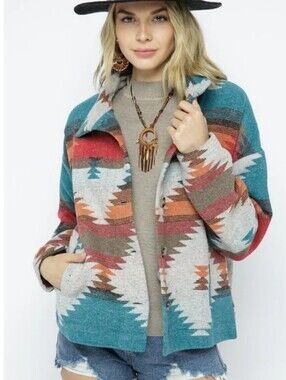 Blue B Southwestern Aztec Print Button Up Shirt Jacket Large L Boho Westerm